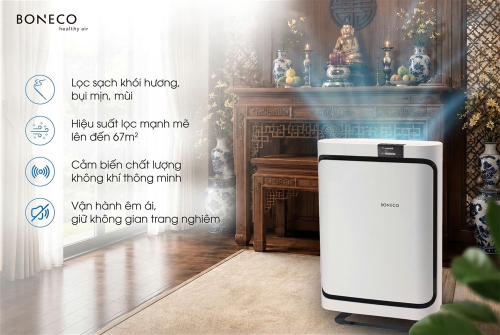Máy lọc không khí BONECO P500 cho phòng thờ đốt nhang